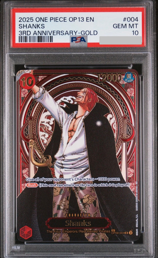 ONE PIECE OP13-CARRYING ON HIS WILL 3RD ANV-GOLD #004 SHANKS PSA 10